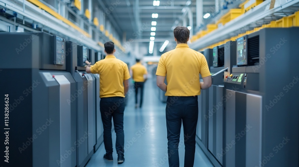 Obraz premium Industrial Printing Press with Workers Ensuring Smooth Production Workflow