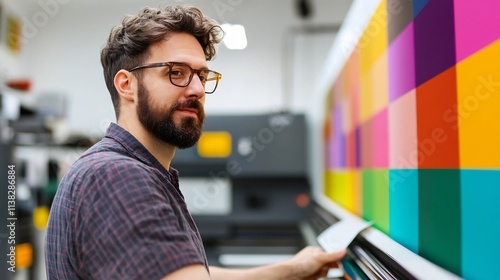 Professional Print Operator Reviewing Digital Proofs and Approving Designs Before Production photo