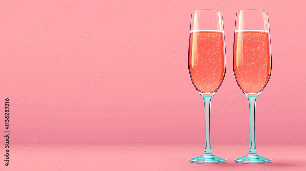 Two elegant champagne flutes filled with sparkling pink drink, set against a soft pink background, creating a festive and celebratory atmosphere. Two elegant champagne flutes filled with sparkling pink drink, set against a soft pink background, creating a festive and celebratory atmosphere.