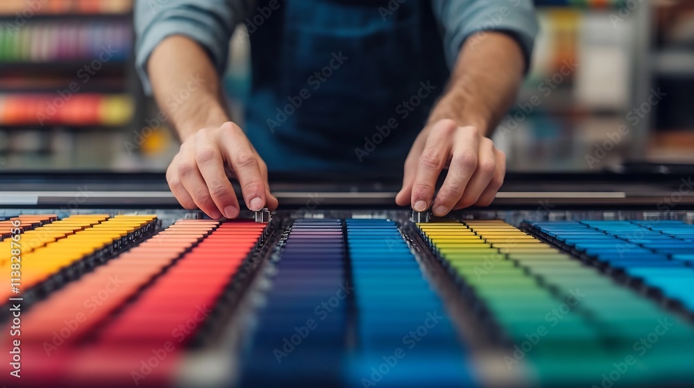 Fototapeta premium Color Technician Adjusting Ink Values on Printing Press Console