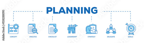 Planning infographic icon flow process which consists of concept, analysis, checklist, leadership, strategy, delegate and goals icon live stroke and easy to edit .