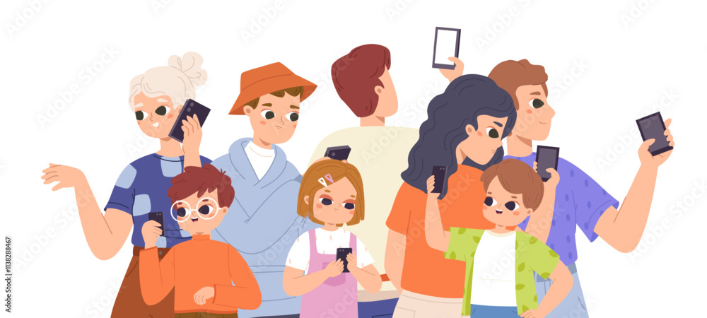 Children and adults using smartphones. Cartoon characters, kids, teenagers and adults with smartphone. People talking, use messengers, scroll social media, vector concept Children and adults using smartphones. Cartoon characters, kids, teenagers and adults with smartphone. People talking, use messengers, scroll social media, vector concept