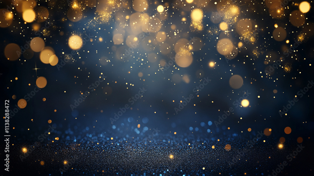 Fototapeta premium Abstract golden bokeh lights on a dark blue background with glitter and stars