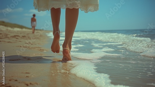 Barefoot stroll on sunny beach with white dress and ocean waves photo