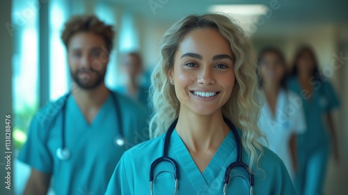 Confident medical professionals smiling in a hospital corridor