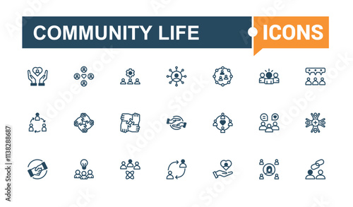 Set of Community Life line icons. Includes icons for friendship, Social, relationship, support, man, team, pr and more. Minimalistic icons. Vector line and solid icons.