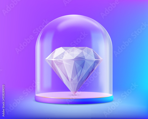 Gemstone diamond under the glass dome. Vector illustration