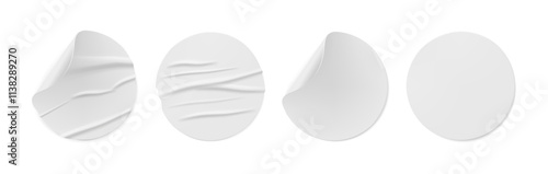 Round white stickers or labels with copy space and crumpled glued texture. Vector isolated set of realistic circle notes or pricetags with wrinkled surface and bend corner, sticky notes