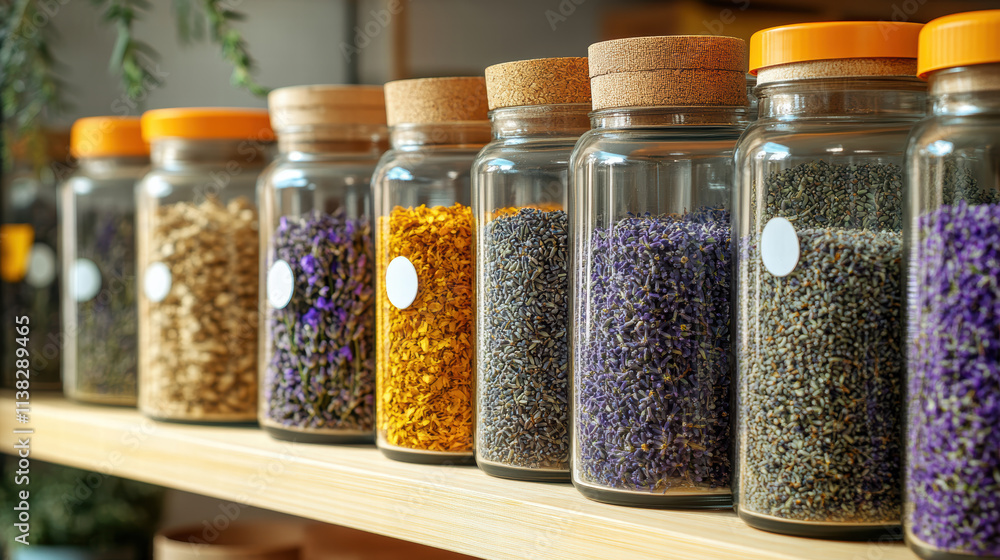 collection of jars filled with dried herbs and flowers on shelf collection of jars filled with dried herbs and flowers on shelf