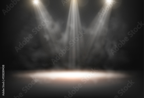 Scene illuminated by spotlights. Vector realistic empty stage with smoke and mist, lamps and dim light. Performance podium or presentation of product, scenery for advertising or showcase