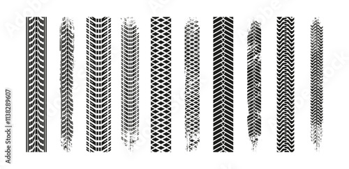 Auto tire tread grunge, flat set. Vector car and motorcycle wheel tyre patterns or tread track. Black print left be transport on road. Straight line with imprint on ground, messy or dirty