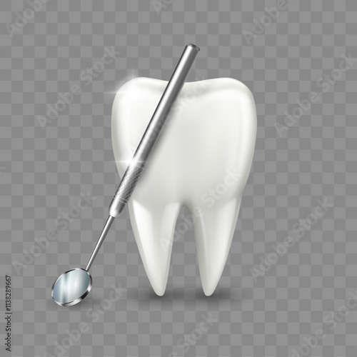 Dentist mirror for teeth with healthy tooth. Vector isolated realistic medical orthodontist tool with molar. Dental treatment and health care concept. Dentistry design for medicinal advertisement