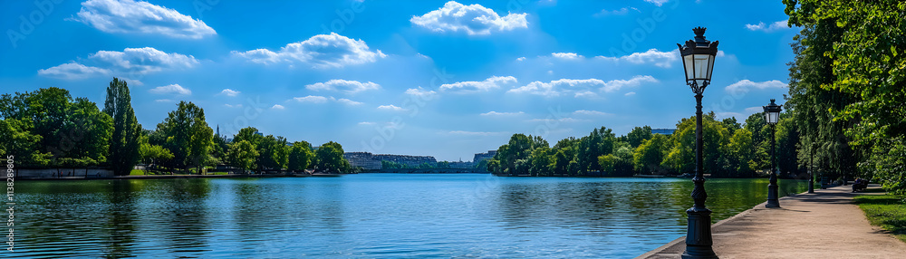 Serene Canal Scene, Lush Green Trees Frame Calm Waters, Elegant Lampposts Line a Sunny Pathway under a Blue Sky Serene Canal Scene, Lush Green Trees Frame Calm Waters, Elegant Lampposts Line a Sunny Pathway under a Blue Sky