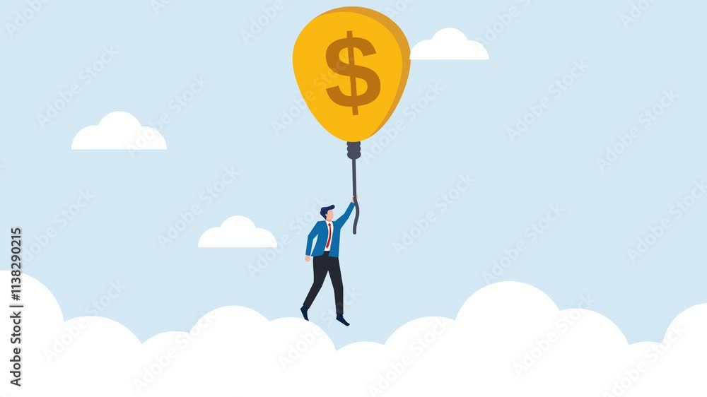 animation of a person floating with a balloon, the concept of financial freedom animation of a person floating with a balloon, the concept of financial freedom