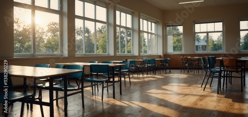 Beautiful blurred background of bright classroom and study room with panoramic windows and beautiful lighting.