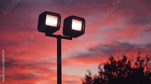 close up view of modern floodlights against vibrant sunset sky, creating dramatic atmosphere