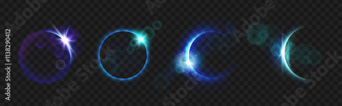 Blazing star edge behind planet in dark sky, isolated set of solar or moon eclipse. Vector space design sphere of planet at night, galaxy in darkness, celestial body with shining and light