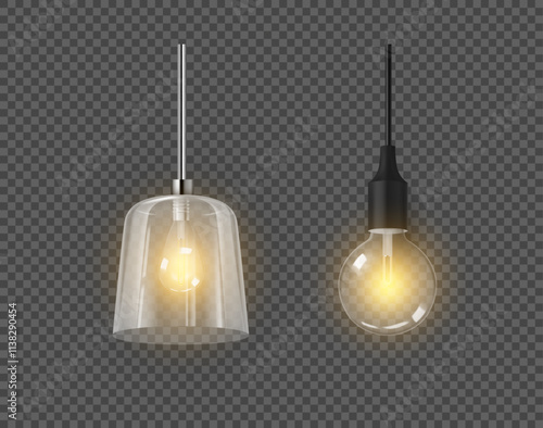 Warm lights from pendant lamp. Vector isolated set of realistic bulbs for home interior design, loft classic or modern styles of apartments and dwellings. Chandelier with glass lampshade