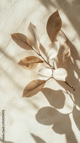 soft shadow patterns of leaves cast on a sandy beige surface, creating natural minimalist aesthetic