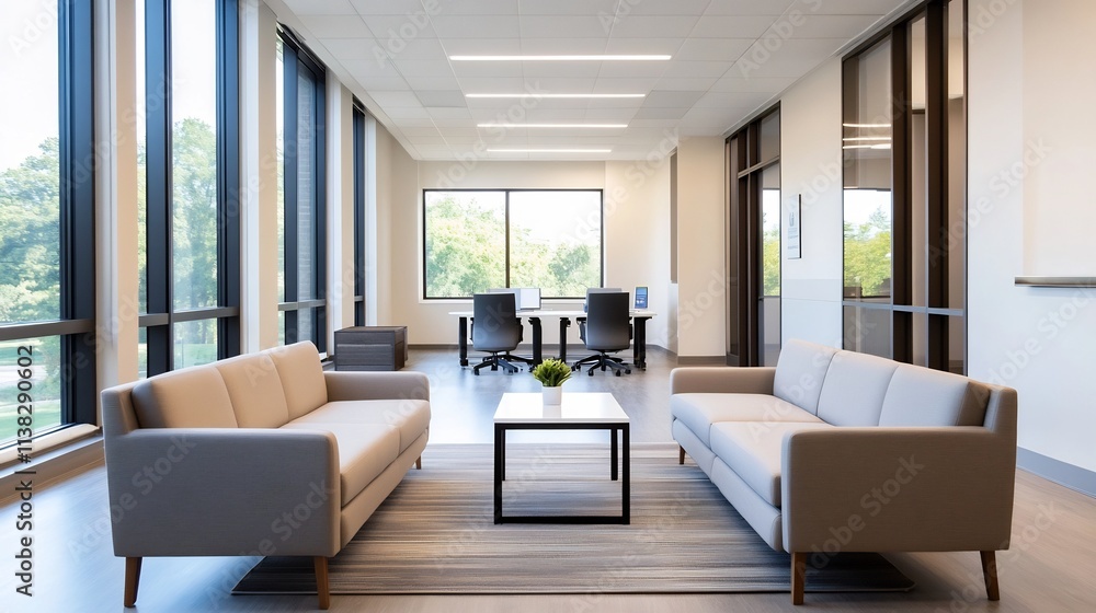 High-End Corporate Office with Large Windows and Professional Furnishings High-End Corporate Office with Large Windows and Professional Furnishings