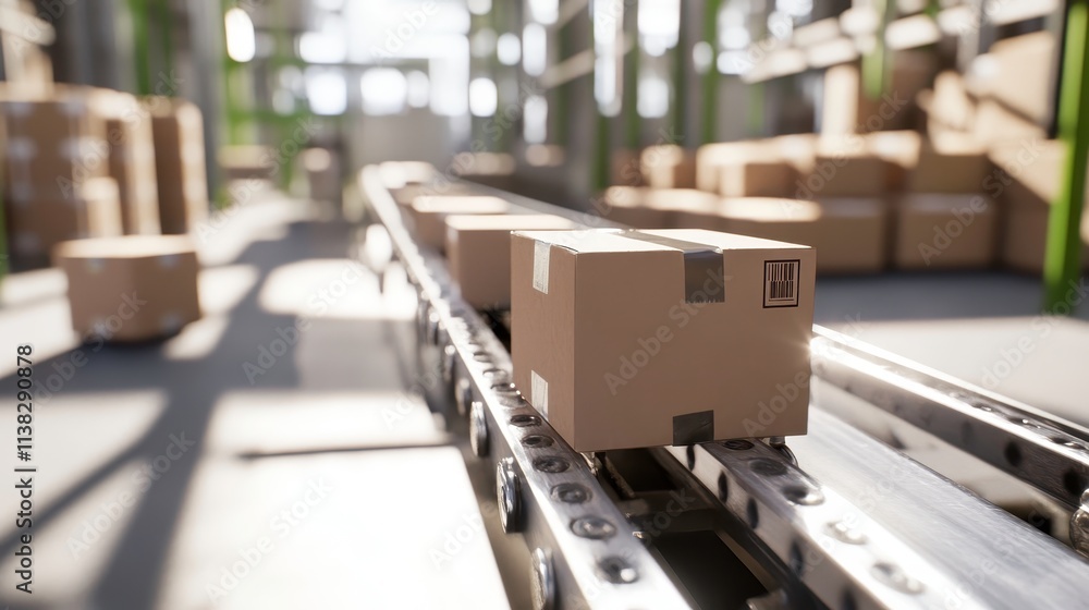 Modern Warehouse Conveyor with Cardboard Packages Modern Warehouse Conveyor with Cardboard Packages