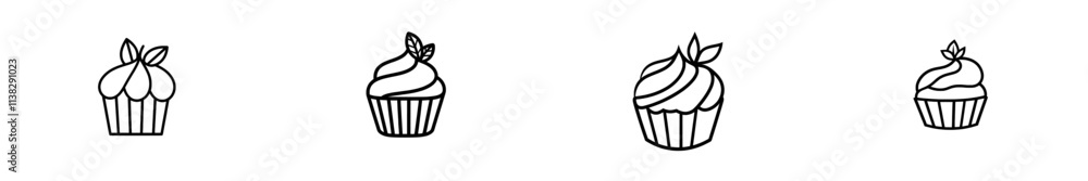 An engraved-style cupcake adorned with berries. An ink sketch isolated on a white background, featuring a modern hand-drawn illustration. An engraved-style cupcake adorned with berries. An ink sketch isolated on a white background, featuring a modern hand-drawn illustration.