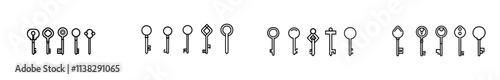 Victorian key collection vintage illustration. Medieval Gothic locks set. Modern keys in engraving.