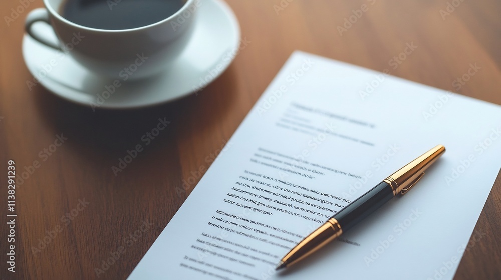 Business Contract and Coffee on Desk Symbolizing Decision-Making and Agreements Business Contract and Coffee on Desk Symbolizing Decision-Making and Agreements