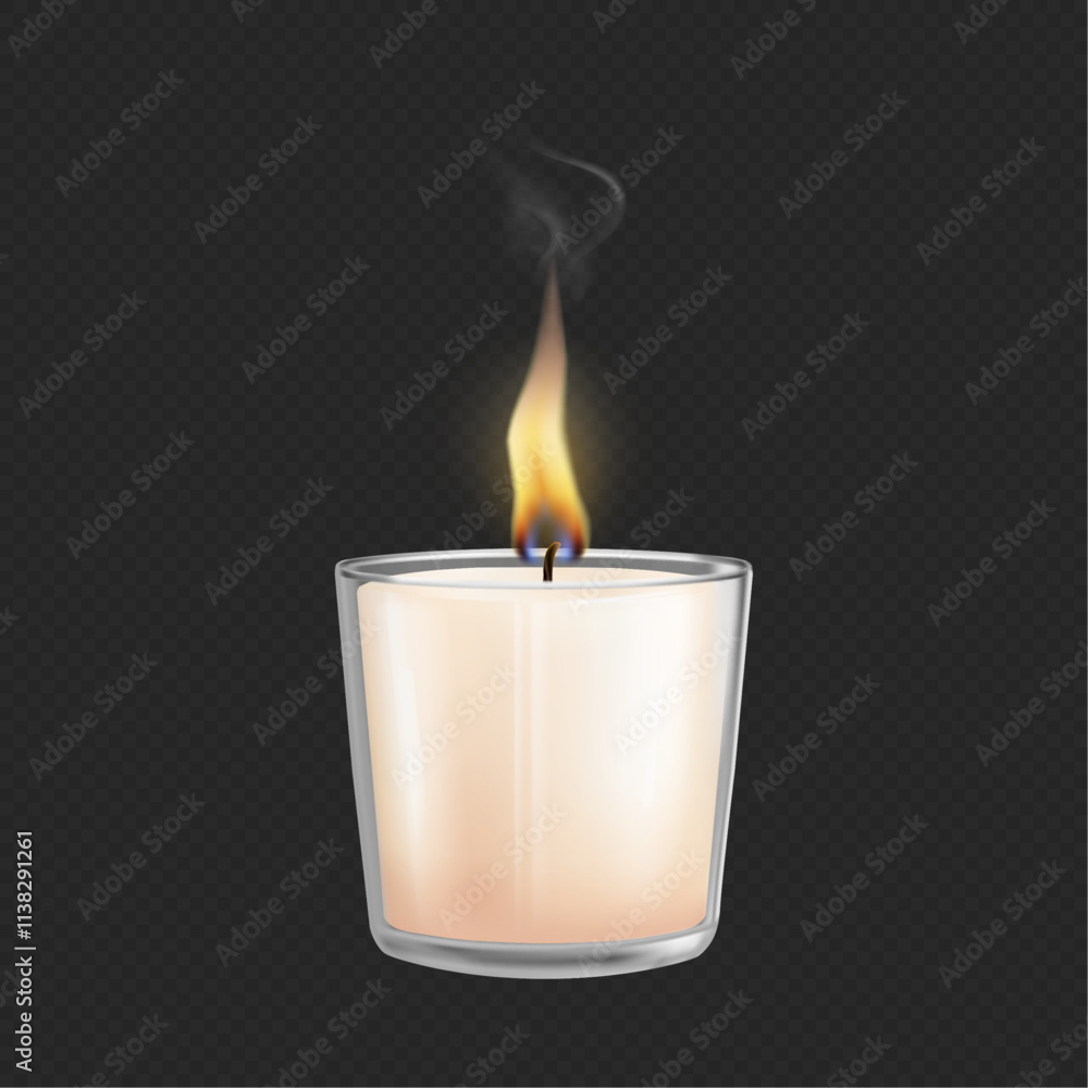 Votive wax or paraffin container candle in vessel or glass with burning wick and smoke. Vector realistic candlelight and illumination from light and flames on transparent background Votive wax or paraffin container candle in vessel or glass with burning wick and smoke. Vector realistic candlelight and illumination from light and flames on transparent background