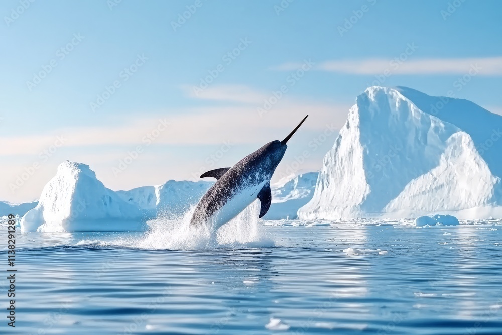 Fototapeta premium Playful narwhal breaching icy arctic ocean surface near icebergs