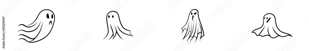 Obraz premium Modern Engraving Style Illustration of a Spooky Hand-Drawn Halloween Flying Ghost.