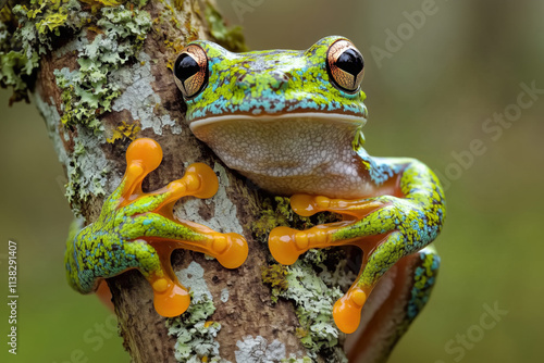 Colorful Tree Frog Climbing Branch: Wildlife Macro Photography. Macro shot of a bright tree frog gripping a textured branch, showcasing vivid colors and natural details, ideal for nature designs. photo