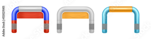 Inflatable archways of rounded shape. Vector isolated set of realistic arches or gates for sports tournament, marathon or competition. Empty blank balloons with copy space for advertisement