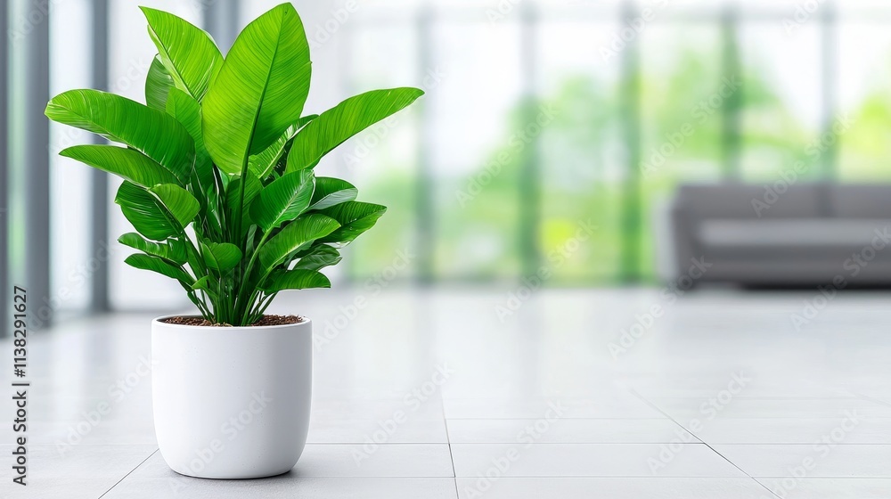 Large potted plants, natural light, and comfortable seating promote sustainability and well-being in an office. Large potted plants, natural light, and comfortable seating promote sustainability and well-being in an office.