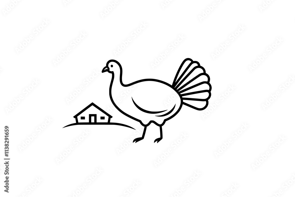 Fototapeta premium A contemporary illustration of a rural landscape with a turkey, hand-drawn in ink and styled after vintage engravings.