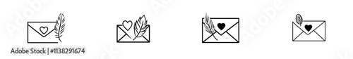 A hand-drawn ink sketch of an envelope with a heart and flower, in a vintage engraving style with a modern twist.