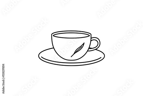 A hand-drawn ink sketch of a vintage cup on a plate, styled as a modern engraved illustration.