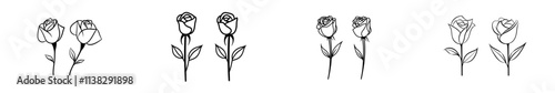 A collection of hand-drawn ink sketches of rose flowers, rendered in a modern engraving style.