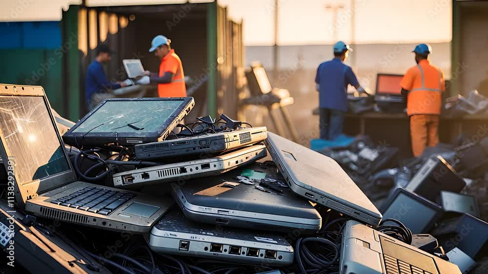 Computer Paper Discarded Pile of Discarded Laptops at Electronic Waste Recycling Site with ...