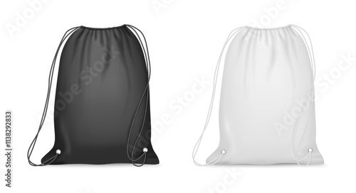 Blank drawstring realistic bags for sport or school cloth and shoes. Vector pouches or textile backpacks with ropes or nylon cord. Sports packs for accessory, modern canvas fabric totes