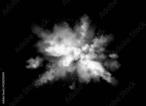 Smoke or powder explosion or splash. Vector isolated realistic burst of flour or white sand, dust motion in air. Splay of paint with particles and pieces, chemical and cosmetics product ads