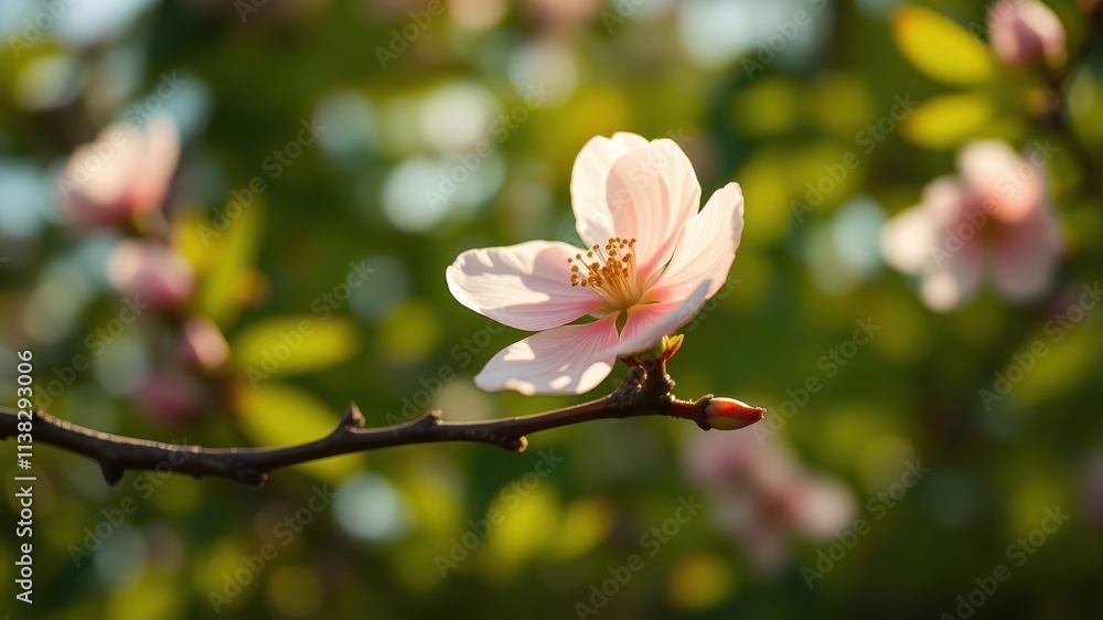 A delicate pink blossom with a golden center blooms on a slender branch, basking in the soft glow of the setting sun. A delicate pink blossom with a golden center blooms on a slender branch, basking in the soft glow of the setting sun.