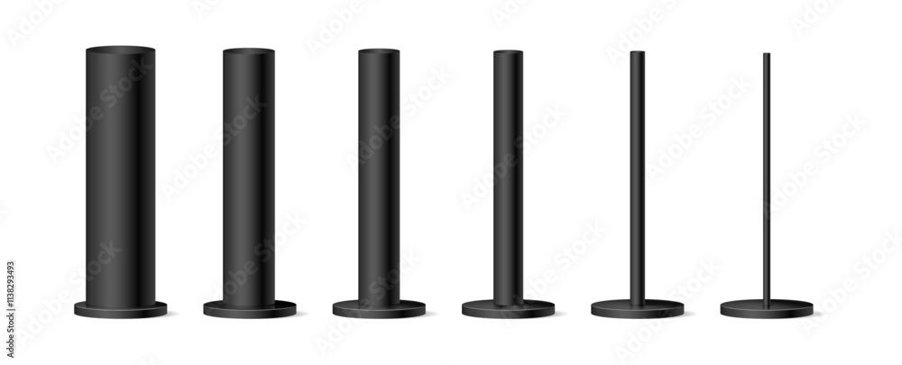 Metal black matte poles of different diameters and thicknesses. Vector isolated set of industrial material for building and construction. Stands or bases, billboard or advertising banner holder Metal black matte poles of different diameters and thicknesses. Vector isolated set of industrial material for building and construction. Stands or bases, billboard or advertising banner holder