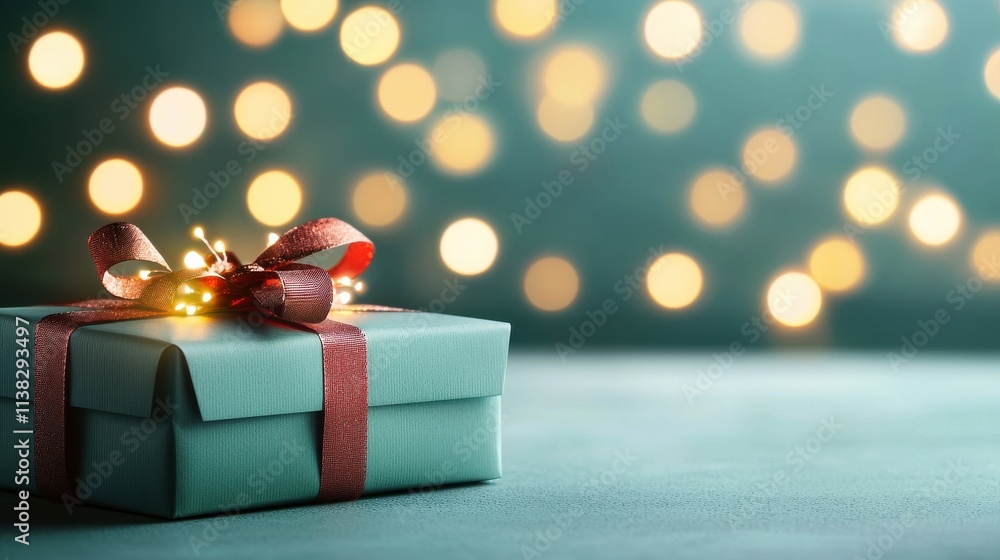 Festive gift box surrounded by warm bokeh lights celebration indoor setting cozy atmosphere holiday spirit Festive gift box surrounded by warm bokeh lights celebration indoor setting cozy atmosphere holiday spirit
