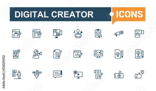 Set of Digital Creator line icons. Contains related to tech, concept, Content Creator, video, story, stream and more. Perfect for logos and infographics. Solid line editable stroke.