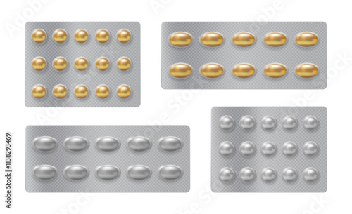 Pharmacy blister mockups with capsules and pills for treatment and healing. Vector realistic chemical drugs and medicine vitamins, isolated pharmaceutical tablets in bubble packaging for patients