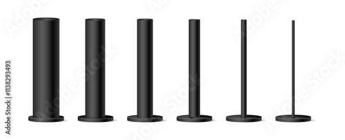 Metal black matte poles of different diameters and thicknesses. Vector isolated set of industrial material for building and construction. Stands or bases, billboard or advertising banner holder