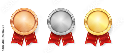 Empty blank medals with ribbons, isolated winners awards for competition. Vector first and second, third place success. Gold and silver, bronze coins with laurel wreath and copy space for text