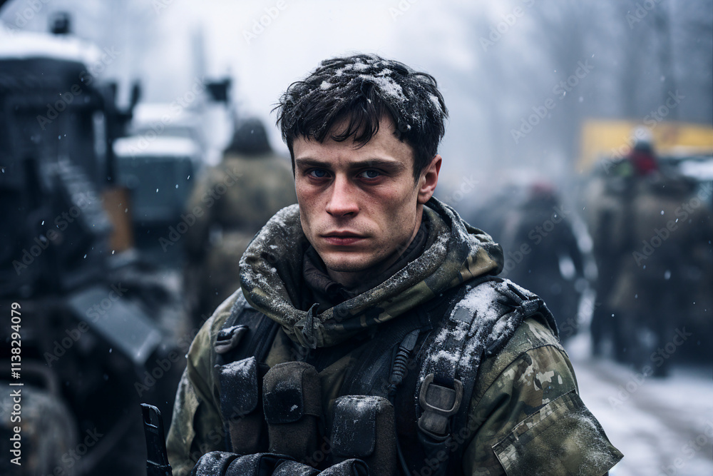 Generated with ai image of male brave soldier wearing camouflage during a military task Generated with ai image of male brave soldier wearing camouflage during a military task