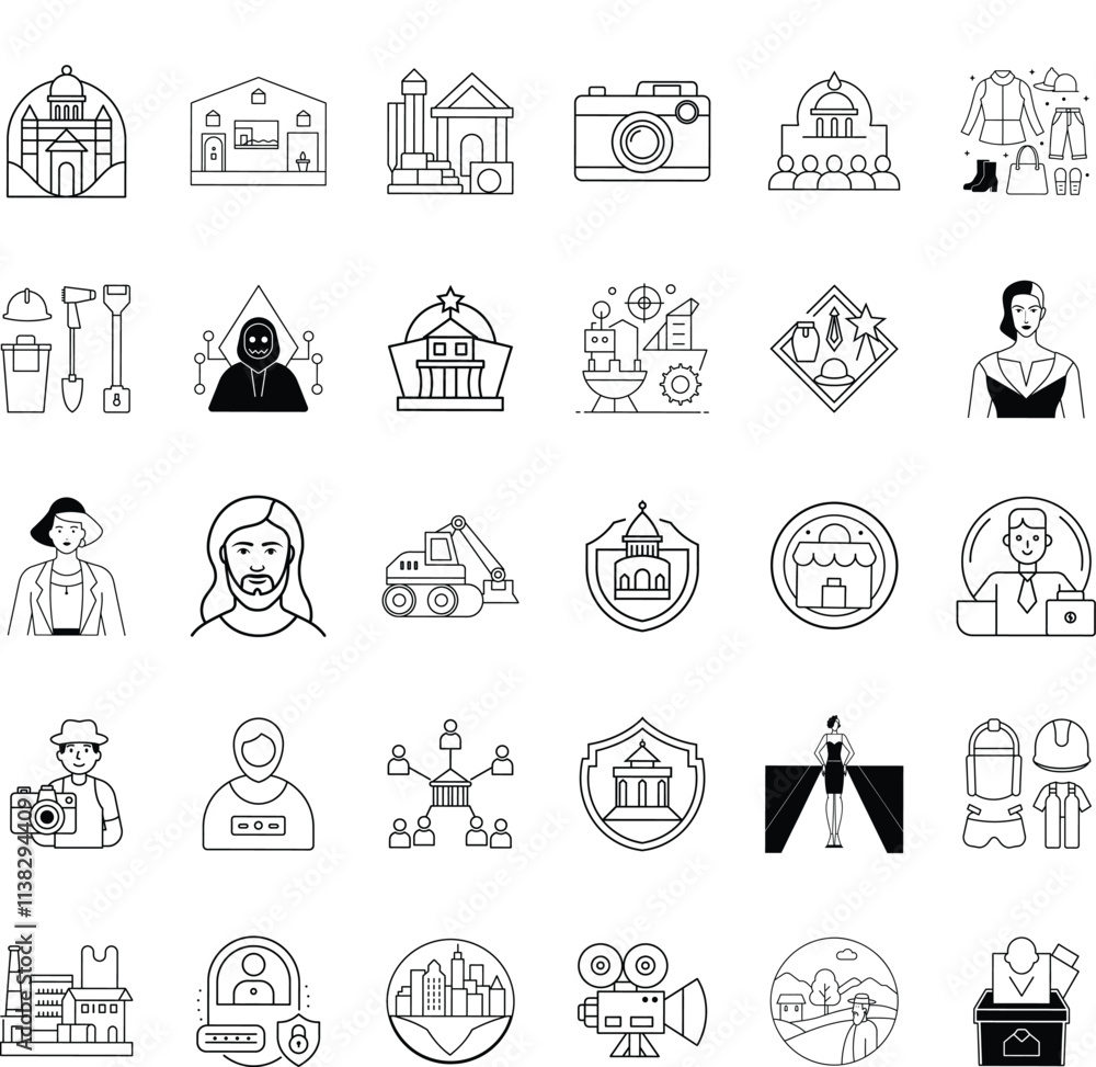 Line Art Icons City, Religion, Construction, People, and More Line Art Icons City, Religion, Construction, People, and More